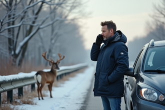 Homme en parka près de sa voiture avec un cerf en hiver