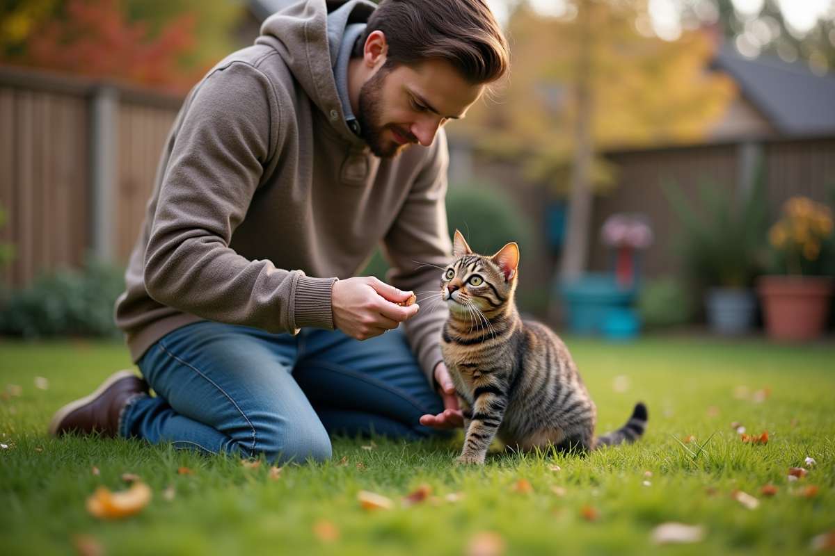 Jeune homme donnant une friandise à un chat dans le jardin