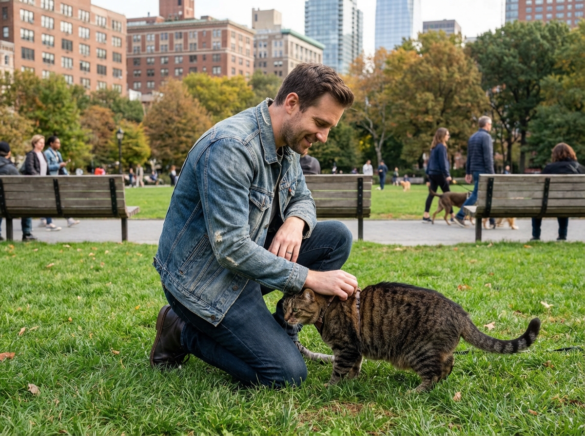 Jeune homme avec chat dans un parc urbain ensoleille