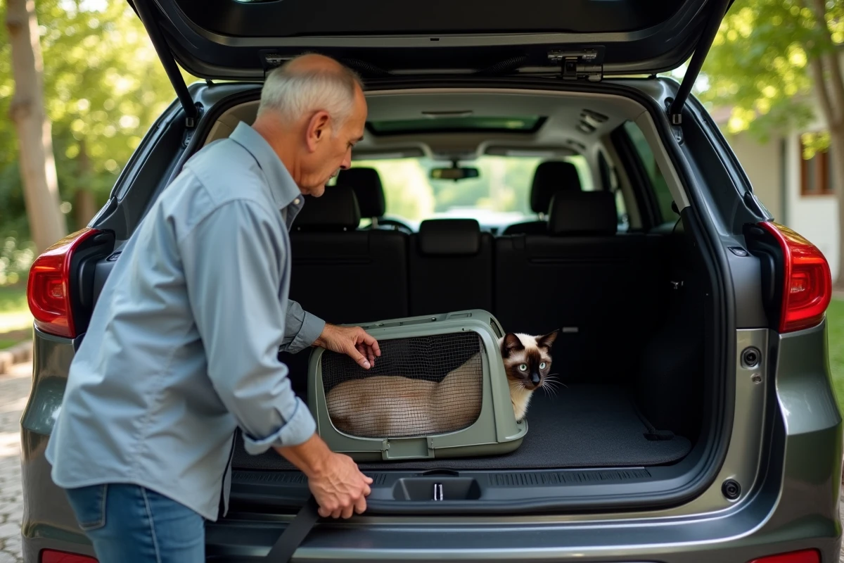 Homme fermant un transport pour chat dans le coffre d’un SUV