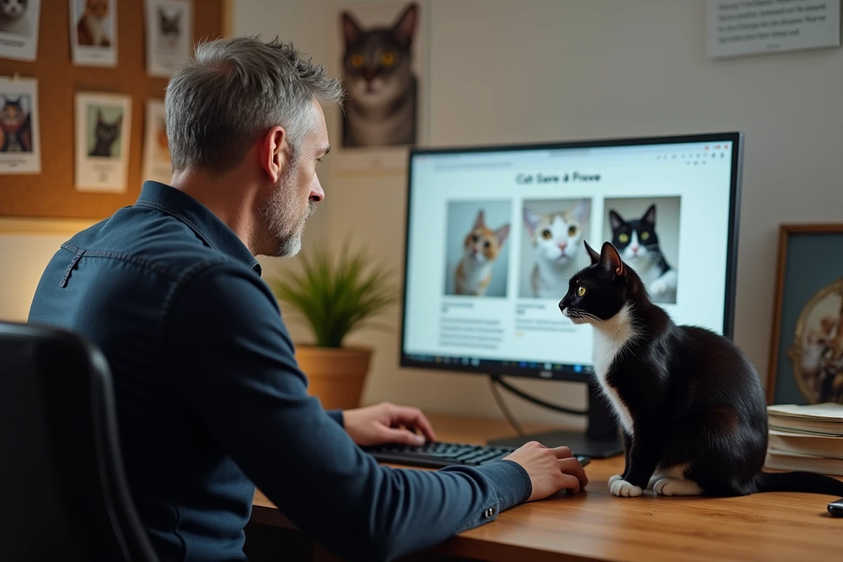 Homme passionné de chats lisant un article sur les soins félins avec son chat tuxedo sur le bureau
