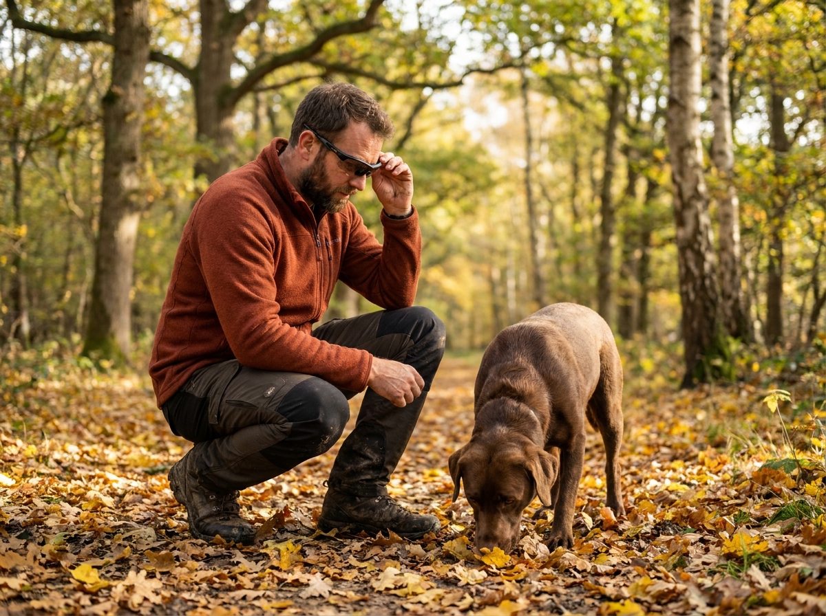 Homme ajustant ses lunettes de protection en forêt automne accroupi près de son labrador brun sur un chemin de feuilles