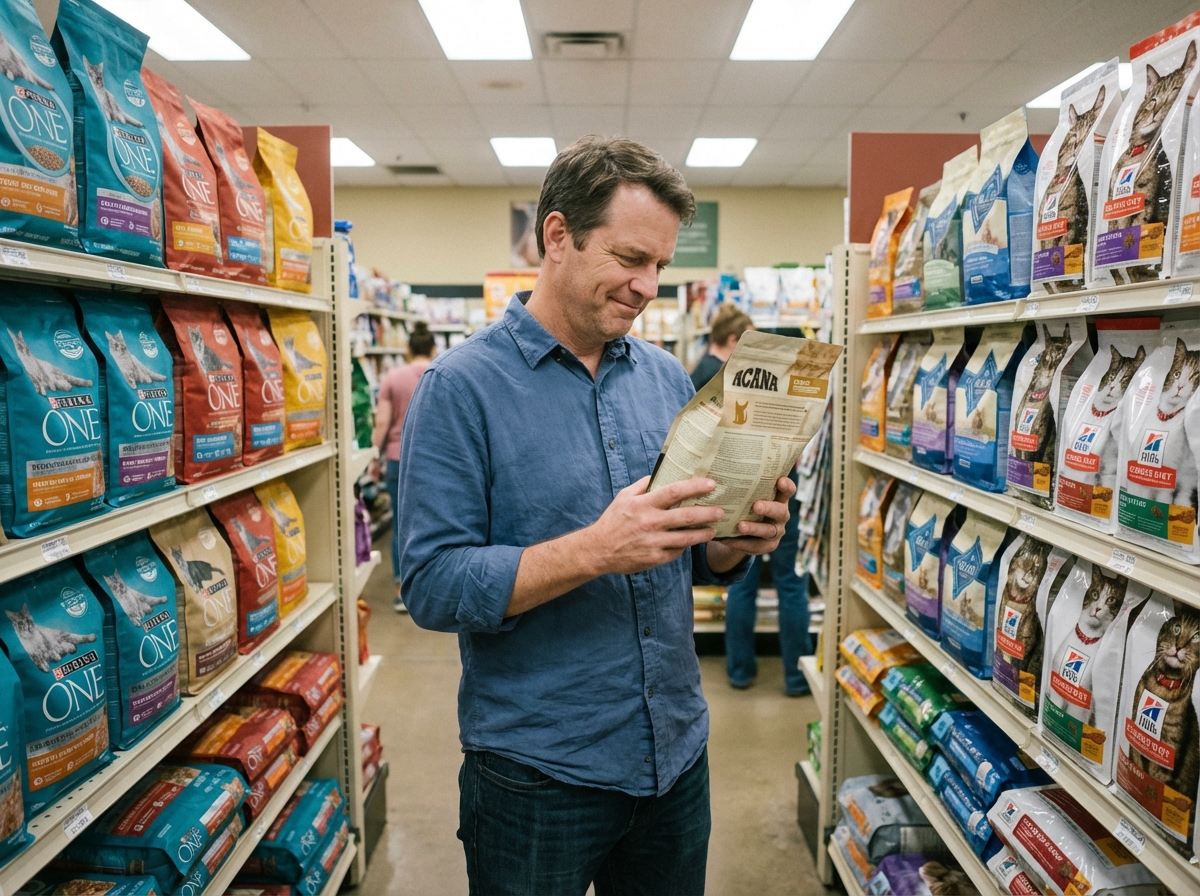 Homme dans une animalerie étudie un sac de nourriture pour chat