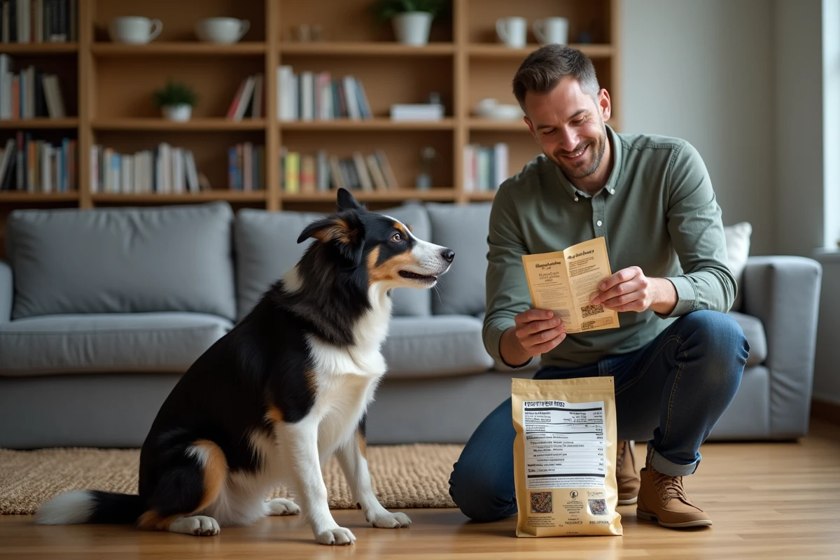 Homme comparant des sacs de croquettes pour chien en lisant les étiquettes nutritionnelles dans un salon
