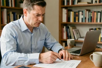 Homme examinant attentivement un contrat d'assurance emprunteur pour un prêt à la consommation à son bureau
