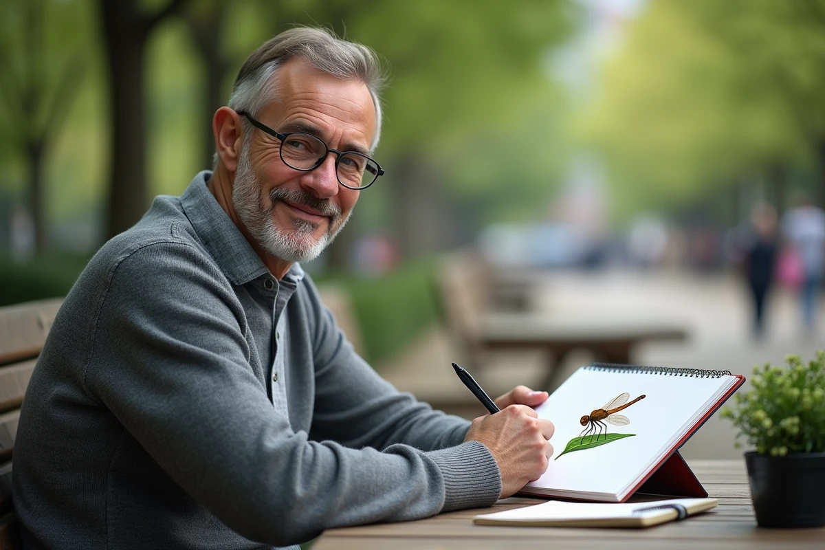 Homme dessinant un libellule dans un parc urbain