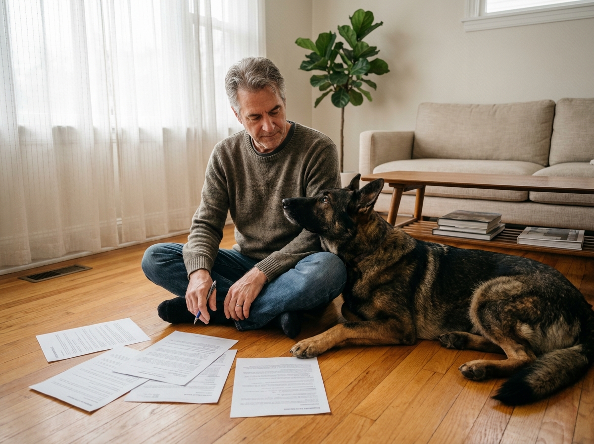 Homme comparant des contrats d'assurance pour chien à la maison avec son berger allemand, symbolisant le choix d'une assurance adaptée à la race de son animal