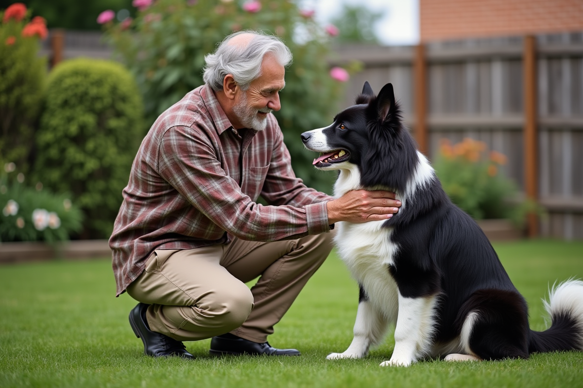 Homme rassure un chien dans un jardin en plein air