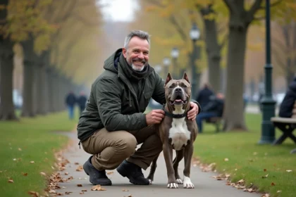 Homme et pitbull dans un parc urbain en plein air