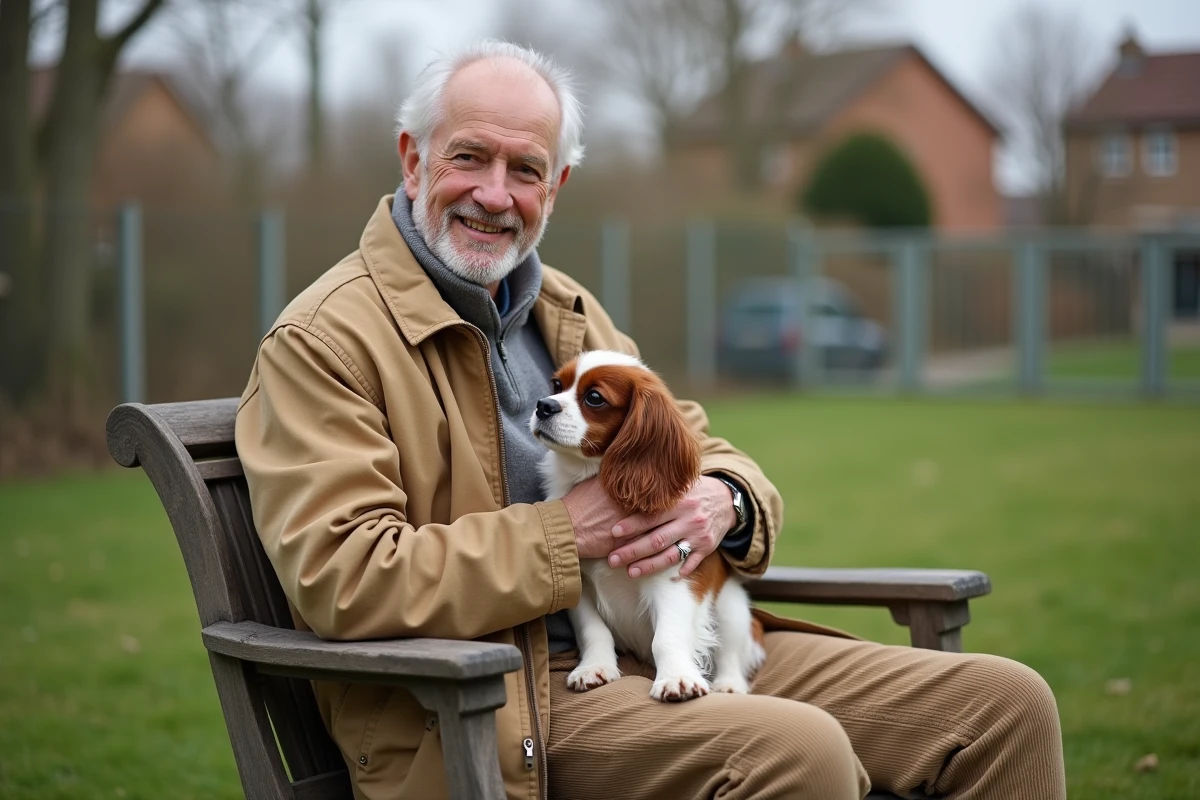 Homme âgé tenant un chiot dans un jardin de refuge