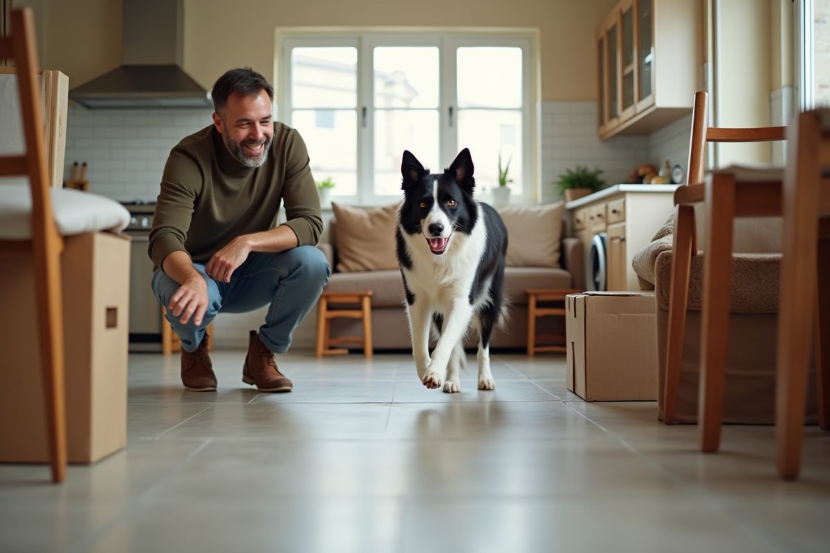 Homme guide un chien collie dans un parcours intérieur