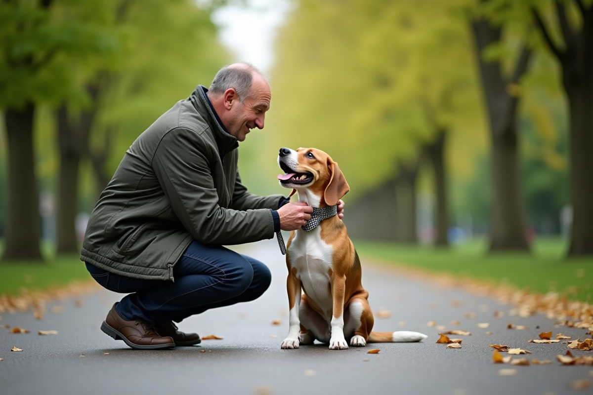 Homme attachant le collier à son chien dans un parc verdoyant