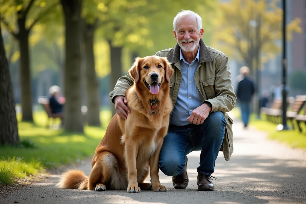 Homme et retriever dans un parc urbain ensoleille