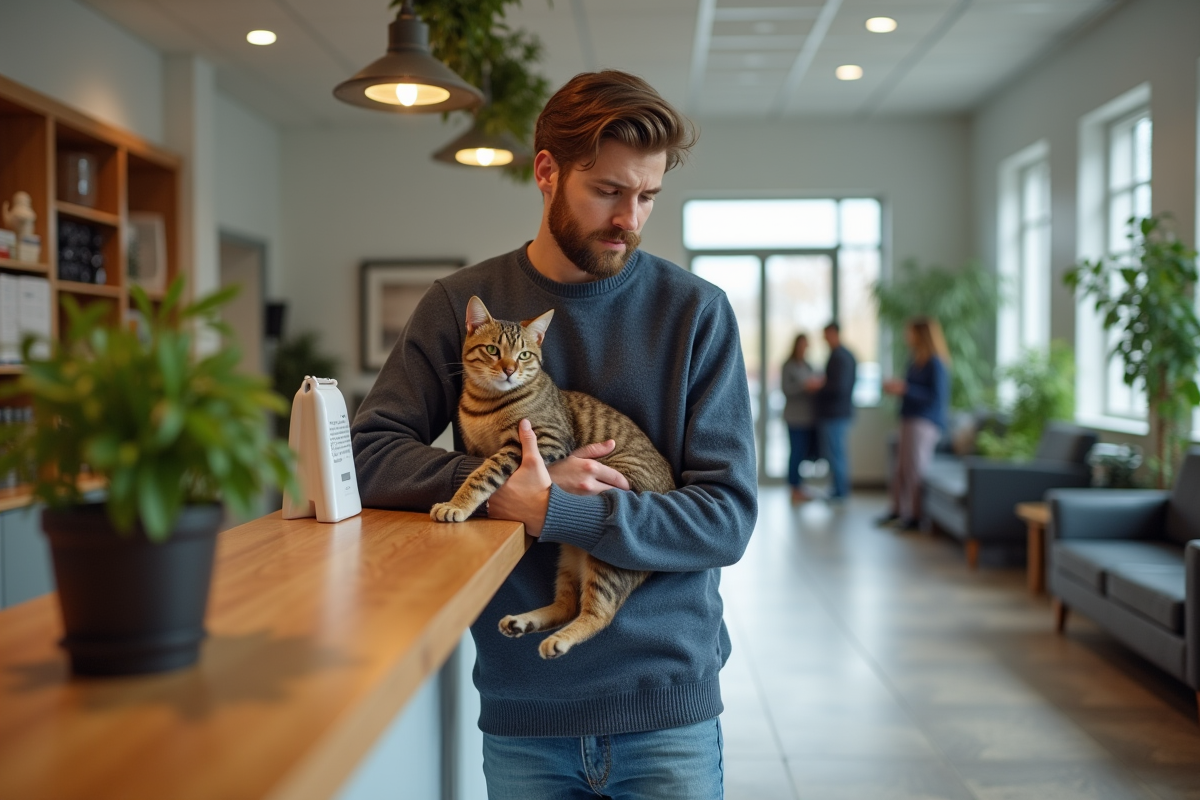 Jeune homme avec chat à la reception vétérinaire