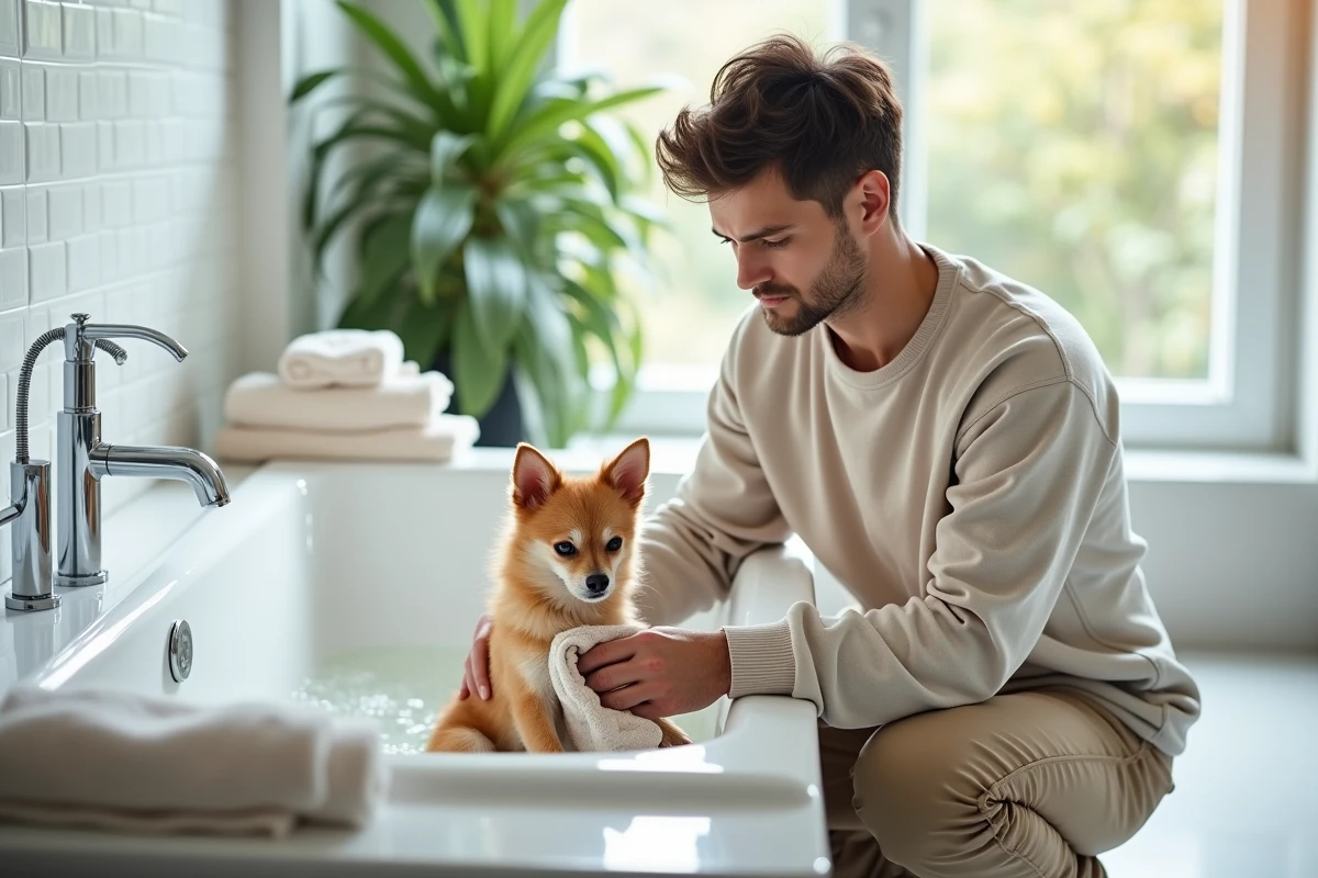 Jeune homme séchant un chihuahua après le bain dans la salle de bain