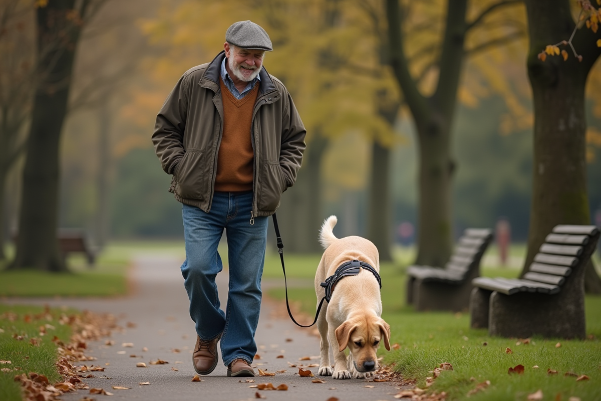Homme senior marche avec son labrador dans un parc en automne