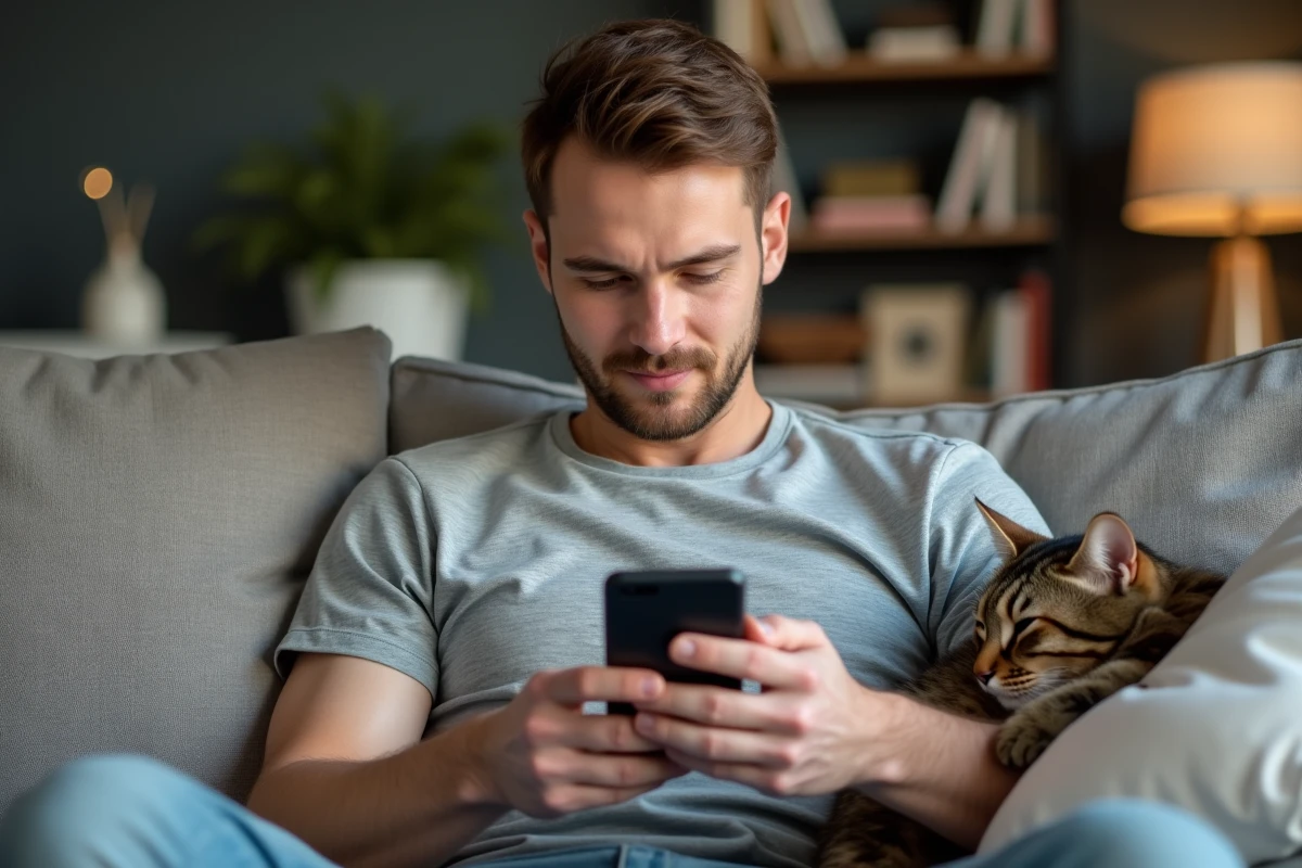 Homme vérifiant le suivi de remboursement Assur O'Poil sur smartphone depuis son salon avec son chat