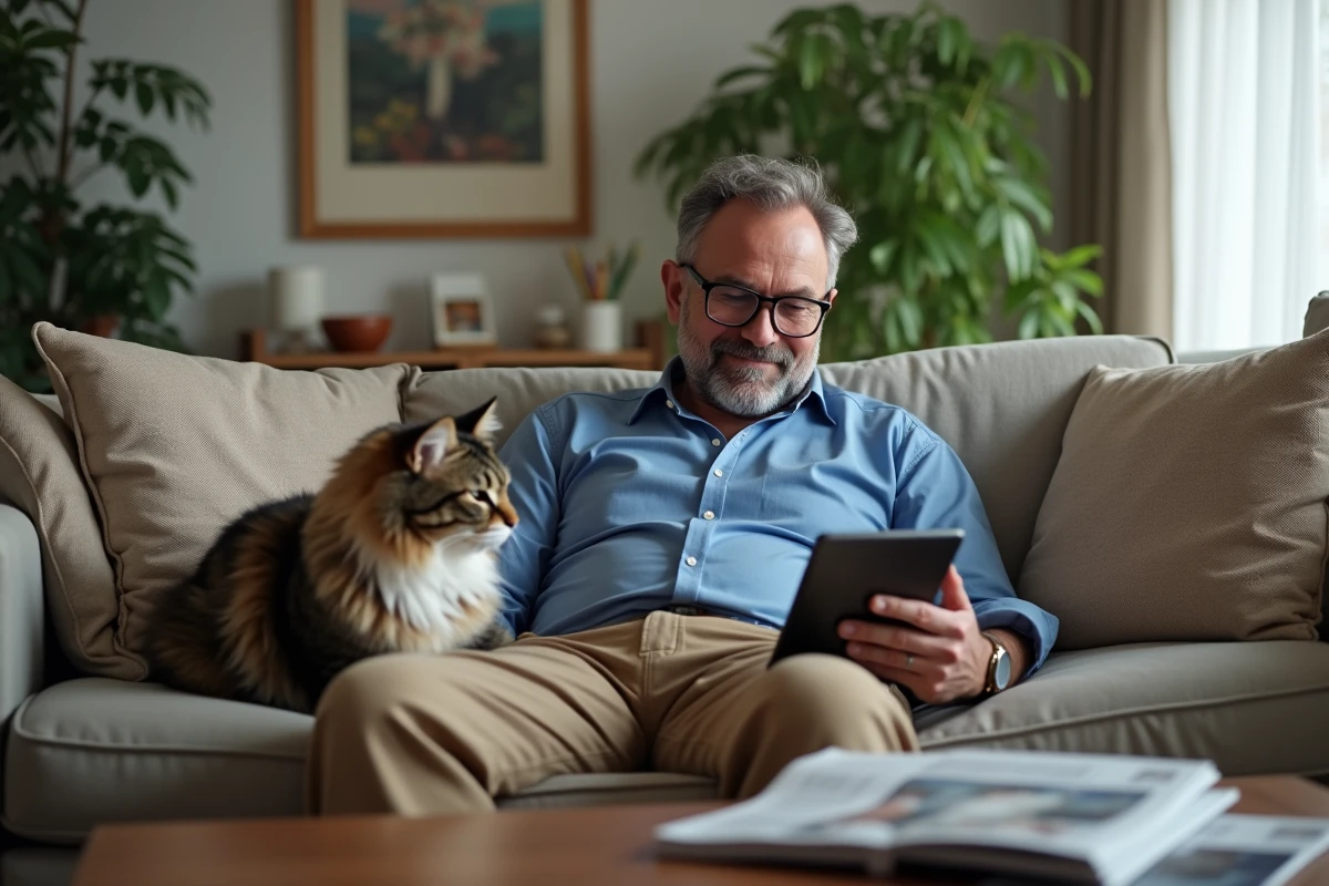 Homme relaxant avec chat Maine sur canapé