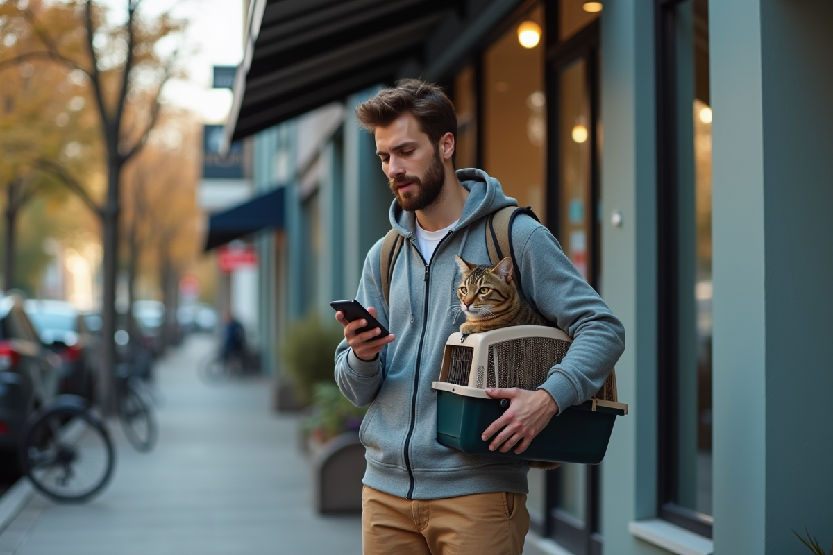 Homme avec chat dans une clinique vétérinaire urbaine