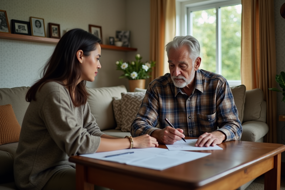 Homme âgé remplissant des papiers avec sa fille dans un salon