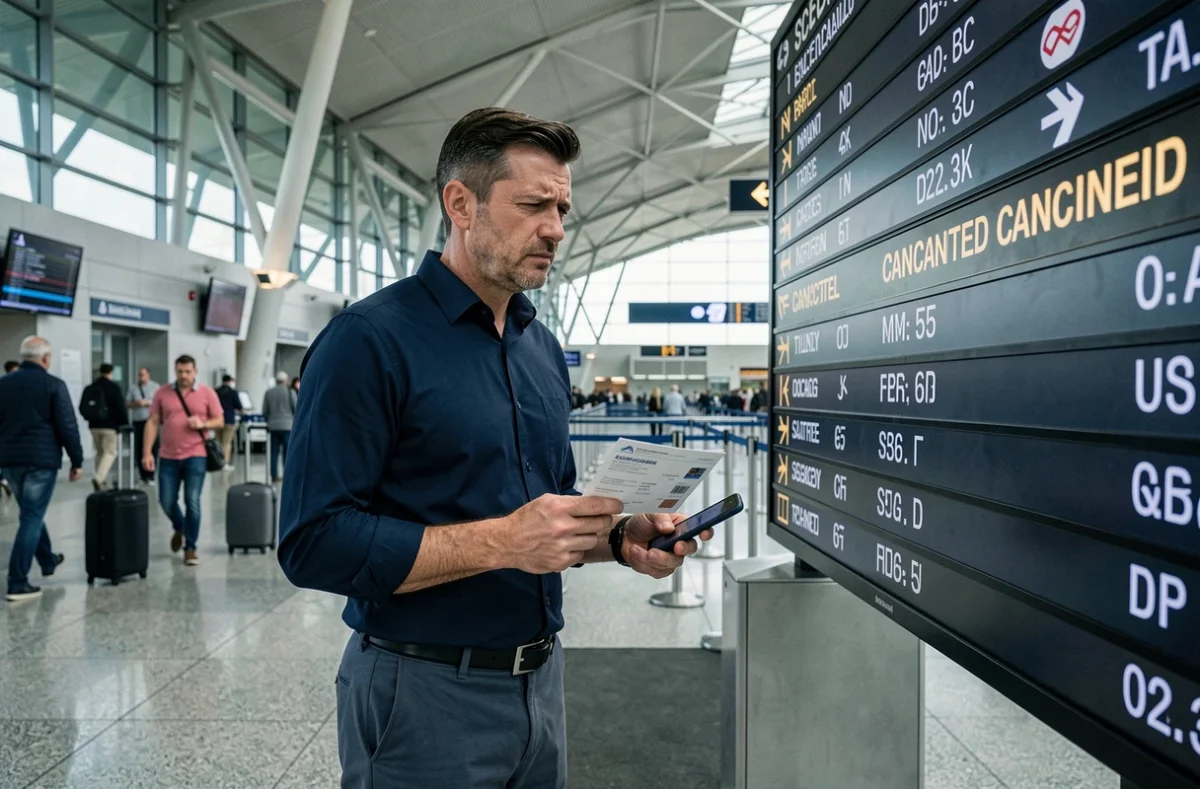 Homme face à un vol annulé dans un aéroport international, tenant ses documents de voyage