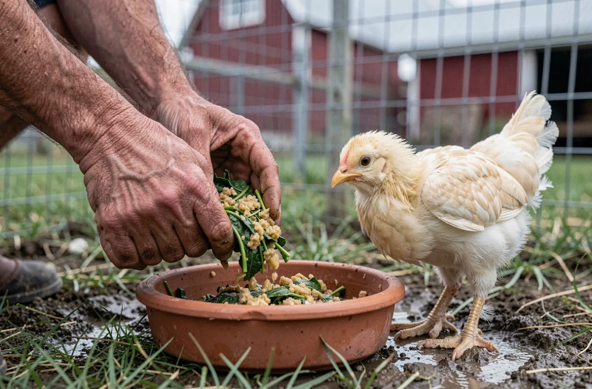Jeune poule Brahma s'approchant d'une gamelle de purée fermentée tenue par un éleveur