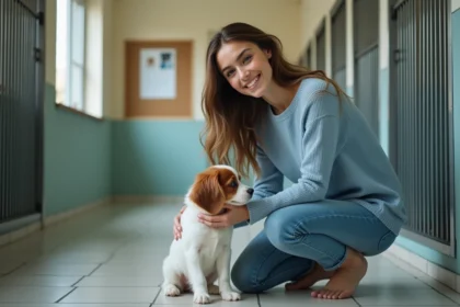 Jeune femme souriante avec un chiot dans un refuge animal
