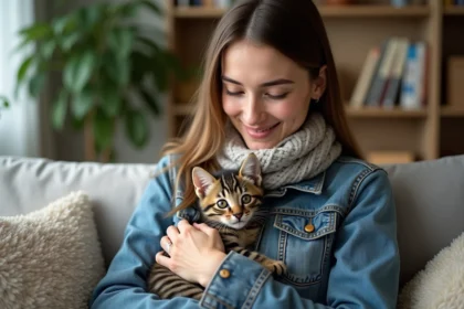 Jeune femme avec un chaton tabby dans les bras