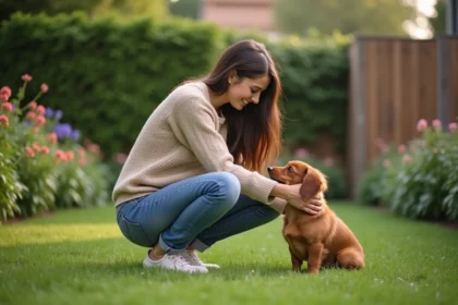Jeune femme avec chien dachshund dans un jardin
