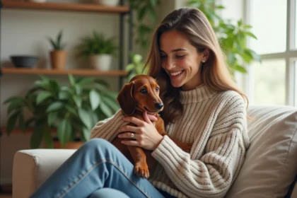 Jeune femme avec un chiot dachshund dans un salon lumineux