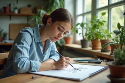 Jeune femme en atelier dessinant un libellule dans un carnet