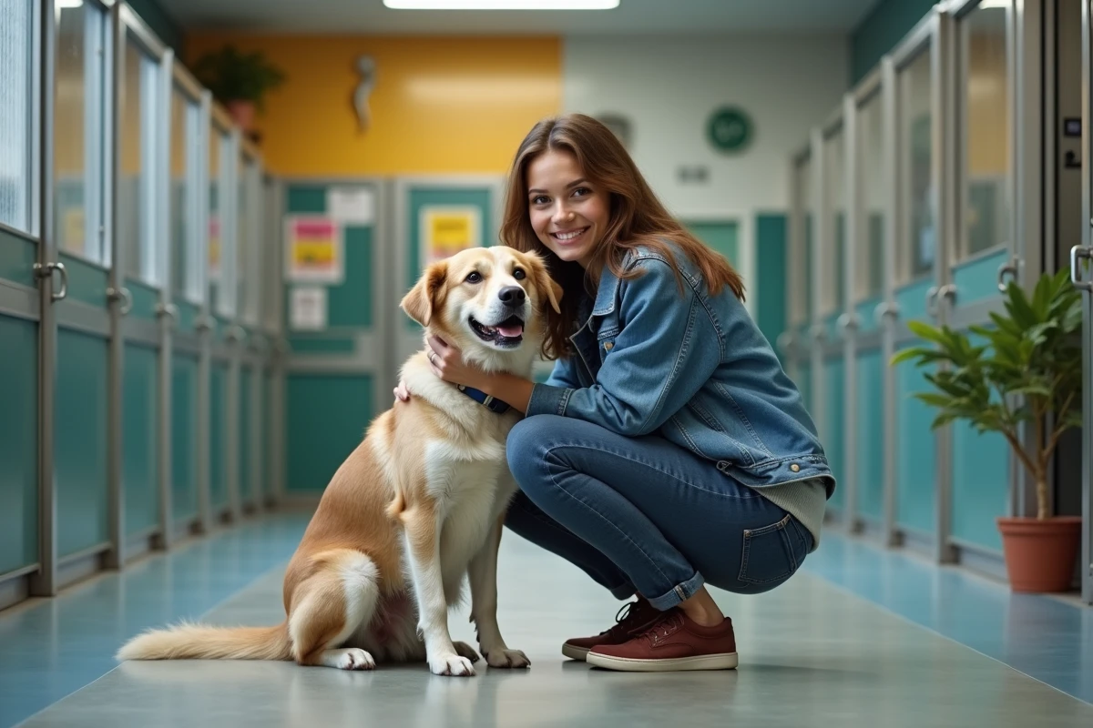 Jeune femme avec chien dans refuge animalier moderne