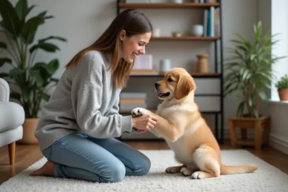 Jeune femme avec un chiot golden retriever dans un intérieur moderne