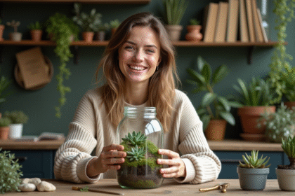 Jeune femme souriante créant un terrarium dans un atelier parisien
