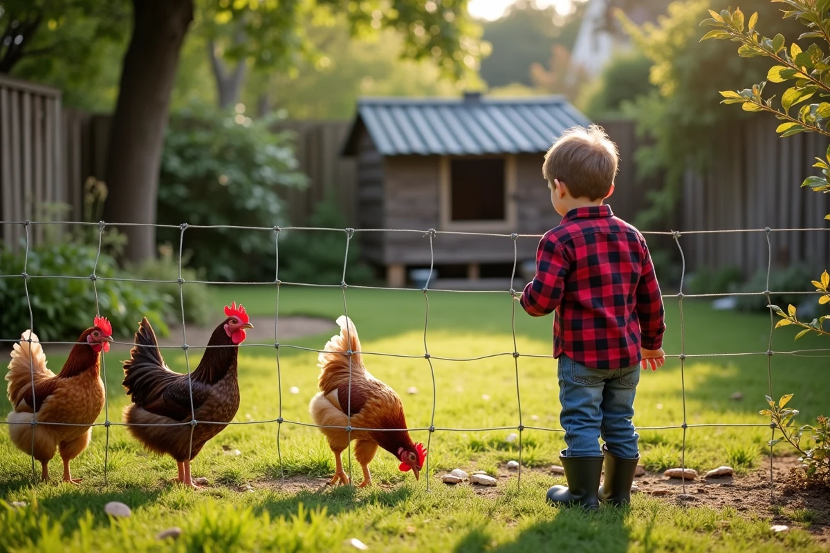 Garçon regardant les poules dans le jardin