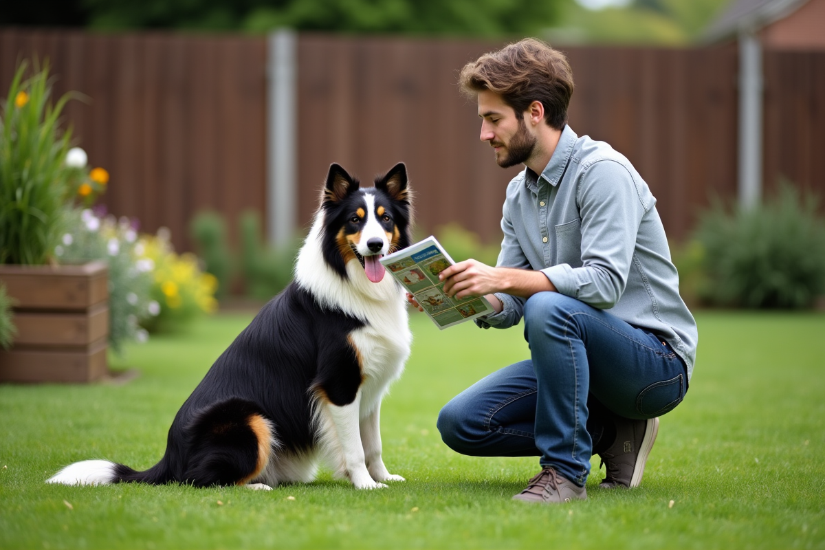 Jeune homme avec un collie dans un jardin vert