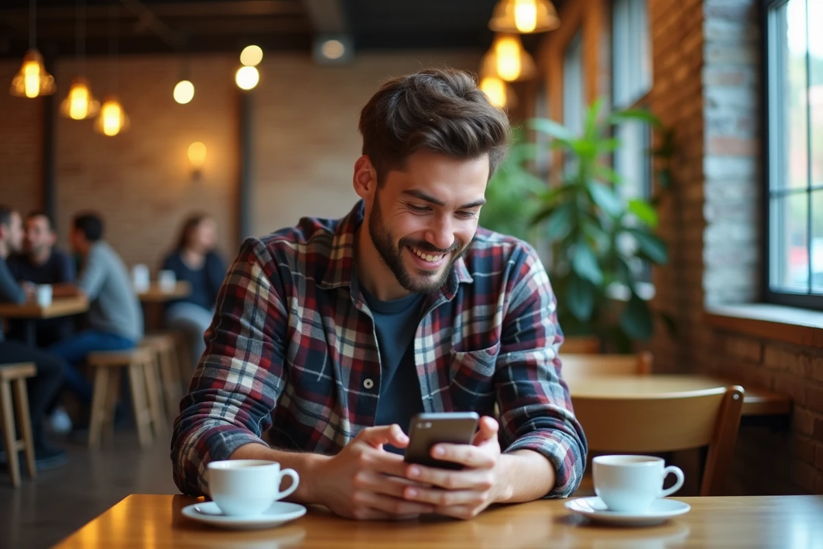 Jeune homme dans un café urbain comparant des quiz animal totem
