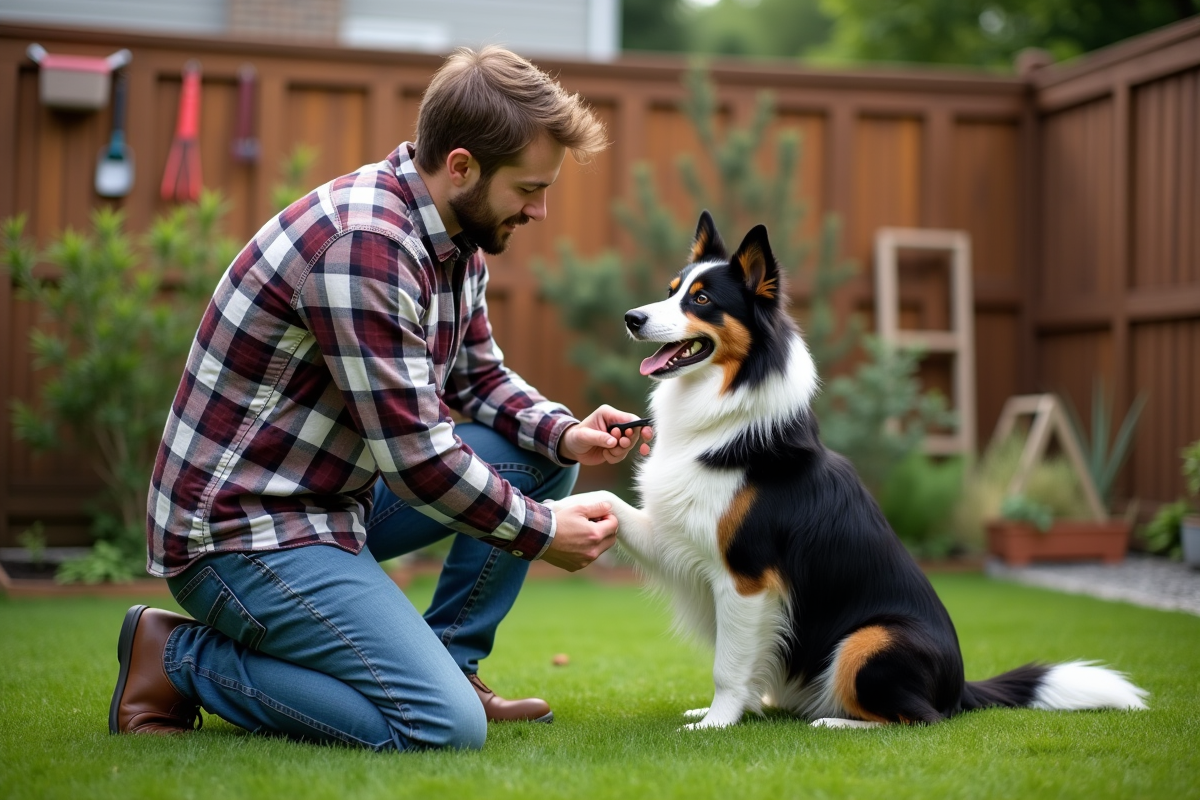 Jeune homme toilettant un border collie dans un jardin extérieur