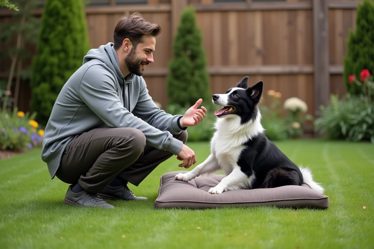 Jeune homme récompense son chien sur un coussin robuste