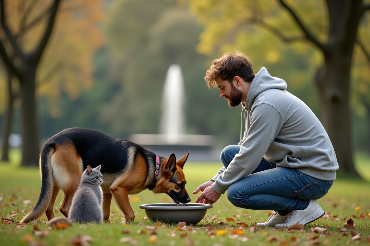Jeune homme donnant à boire à ses animaux dans un parc
