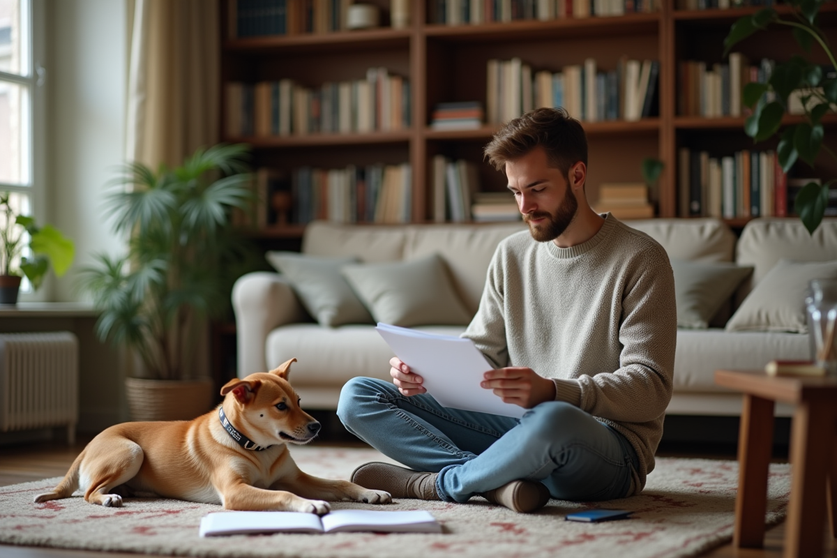 Jeune homme lisant avec un chien dans le salon