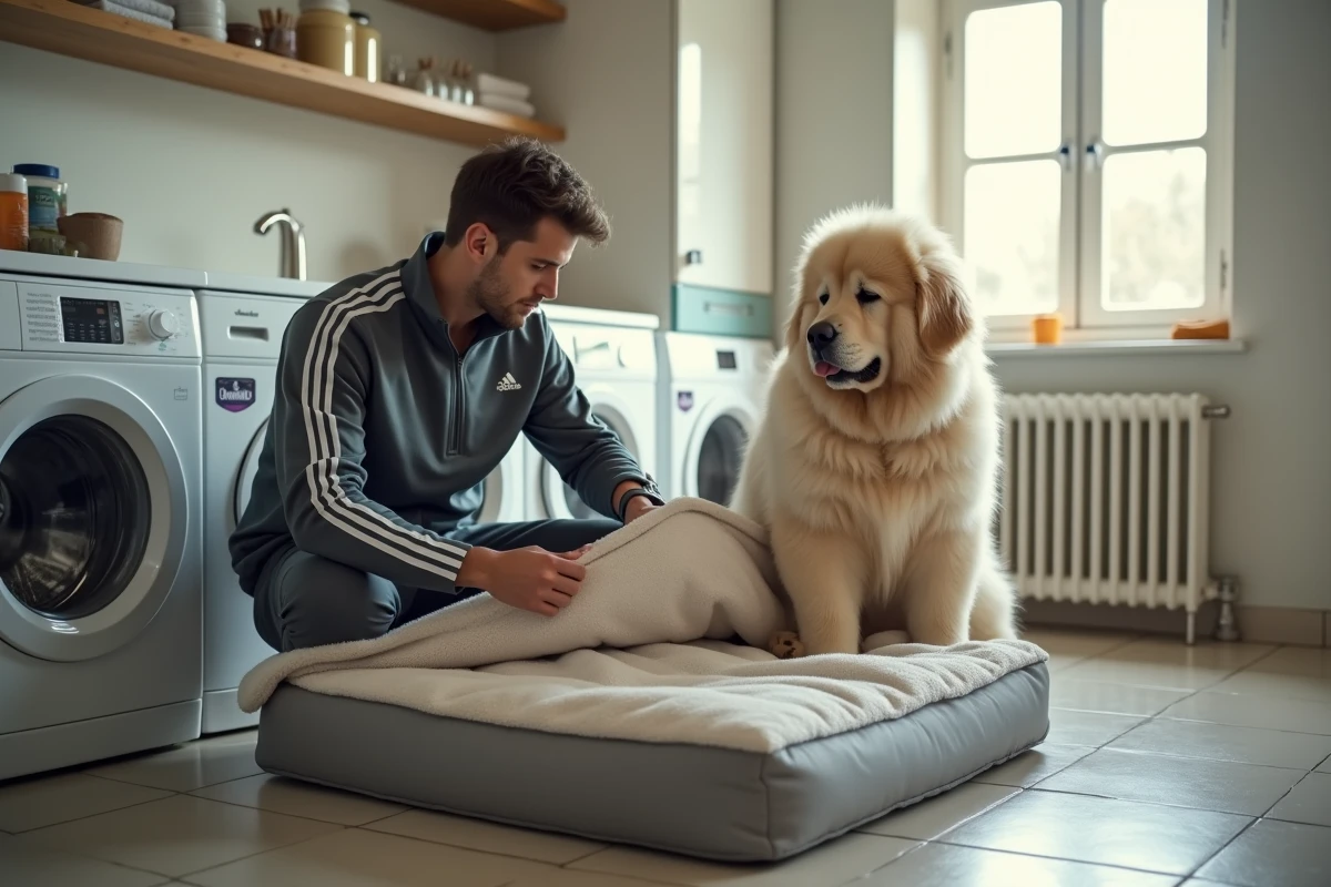 Jeune homme ouvre la housse du lit pour chien dans la buanderie