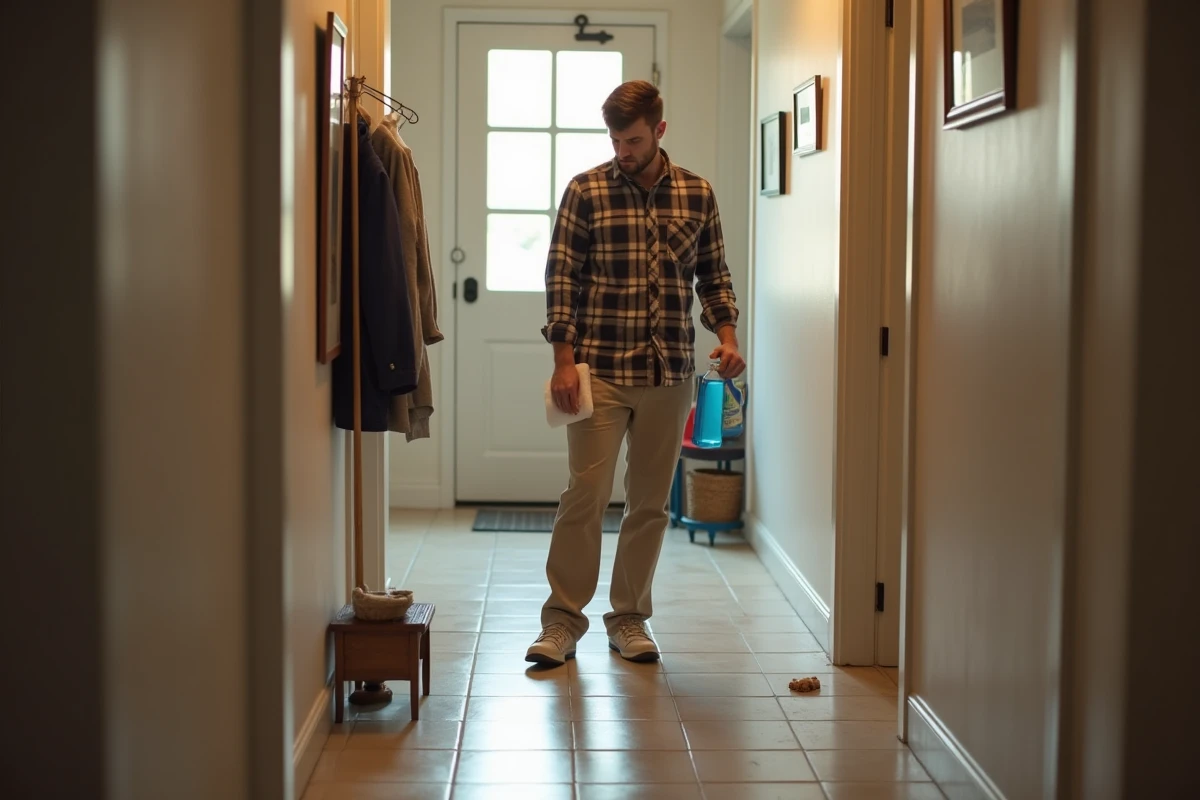 Jeune homme avec spray nettoyant et renard sur le sol