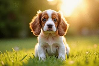 Jeune chiot spaniel assis dans un jardin ensoleille