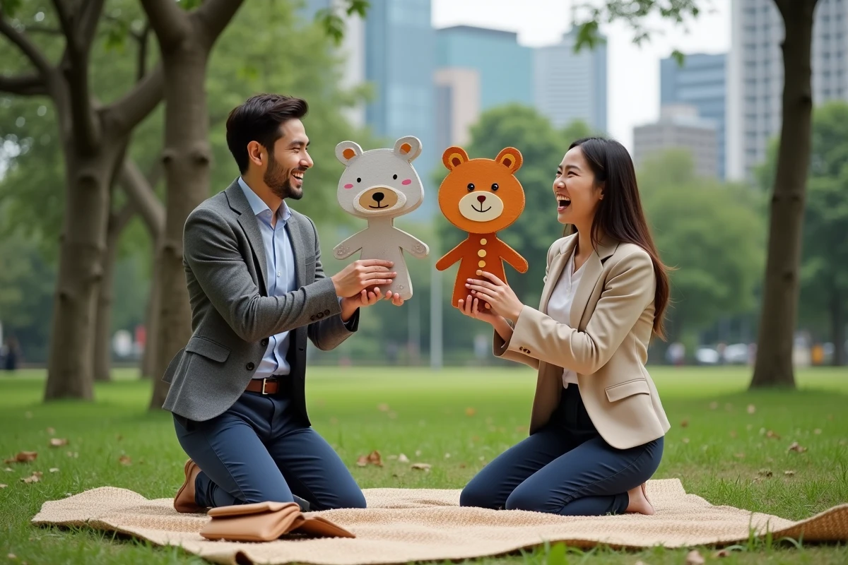 Deux jeunes professionnels avec figurines en plein air
