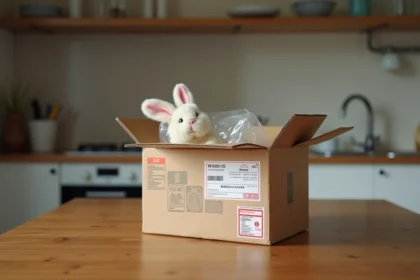 Boîte d'expédition internationale ouverte sur une table de cuisine avec étiquettes douanières et jouet-lapin en peluche visible à l'intérieur