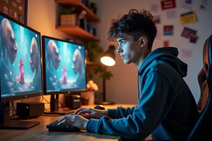 Joueur concentré devant son écran de jeu Dofus avec des notes de stratégie sur l'optimisation de l'expérience avec la pioute rose