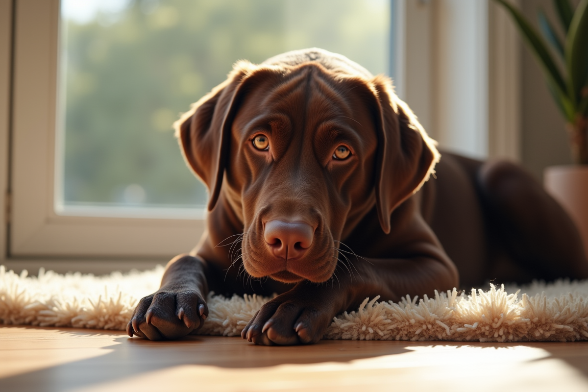 Labrador chocolat allongé sur un tapis beige près d