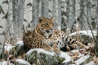 Léopard de l'Amour en danger critique d'extinction perché sur un rocher enneigé dans une forêt tempérée de l'Extrême-Orient russe