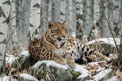 Léopard de l'Amour en danger critique d'extinction perché sur un rocher enneigé dans une forêt tempérée de l'Extrême-Orient russe